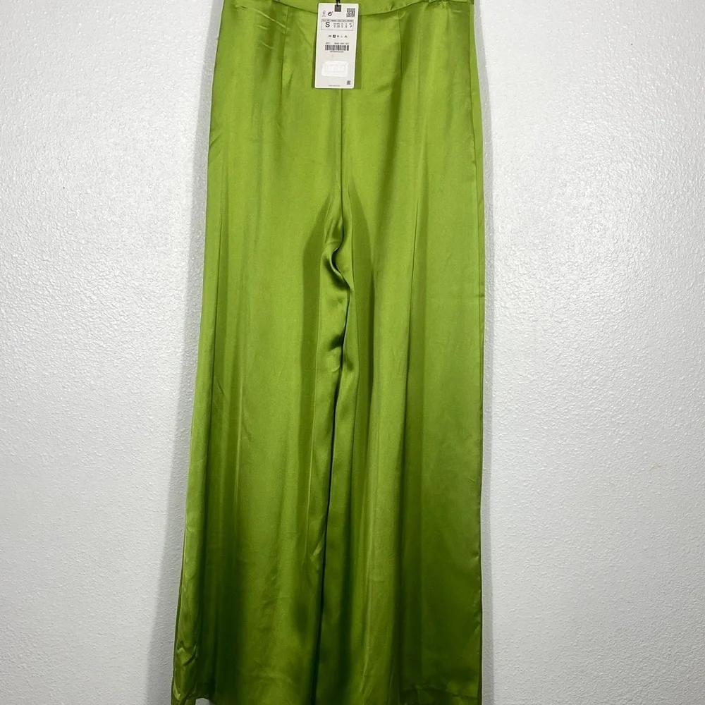 Zara Olive Green Wide-Leg Pleated Trousers Size S - Picture 8 of 16